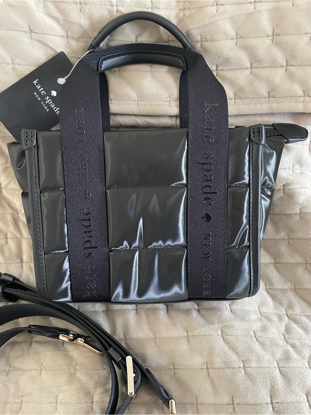 kate spade New York Quilted Glossy Puffer Tote crossbody Black NWT